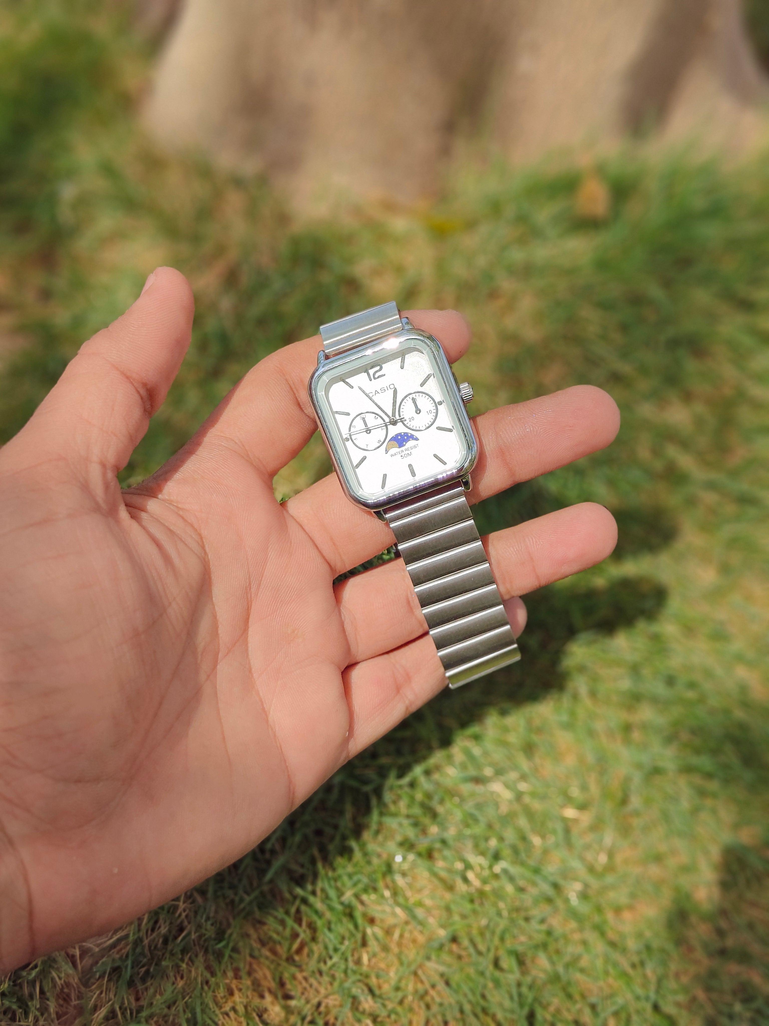 Casio Style Retro Square Moonphase – Full Silver Vintage Edition (Quartz)