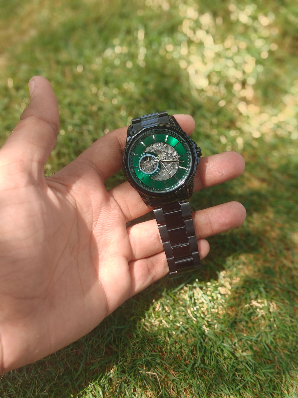 Armani Exchange Style Open-Heart Skeleton – Stealth Black with Emerald Green Dial Automatic