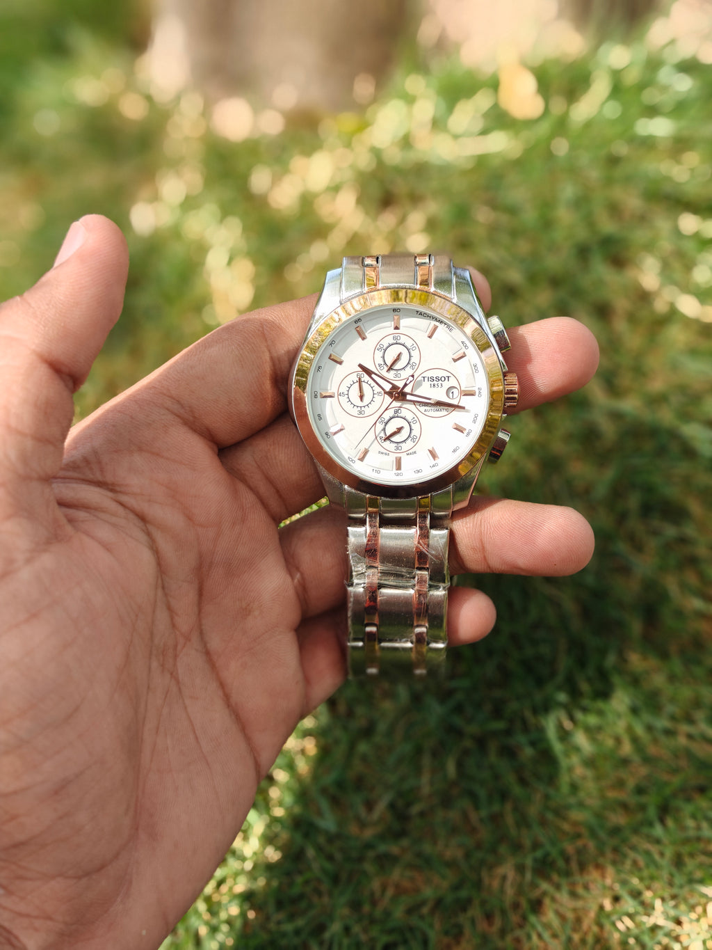 Tissot Style Chronograph – Two-Tone Rose Gold Steel with Elegant White Dial (Quartz)