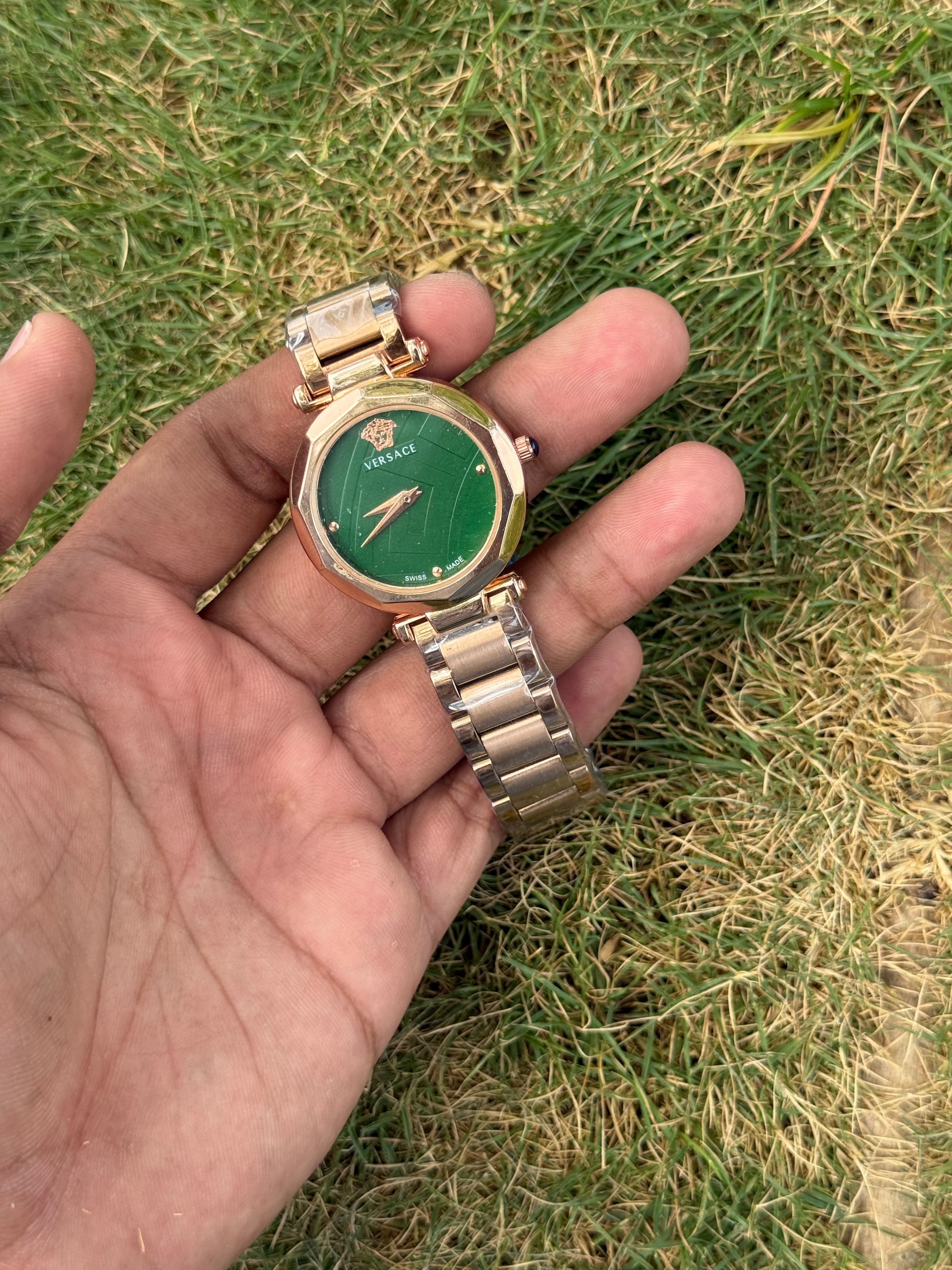 Versace Style Luxury Palace – Rose Gold & Textured Emerald Green Premium Women's Watch (Quartz)