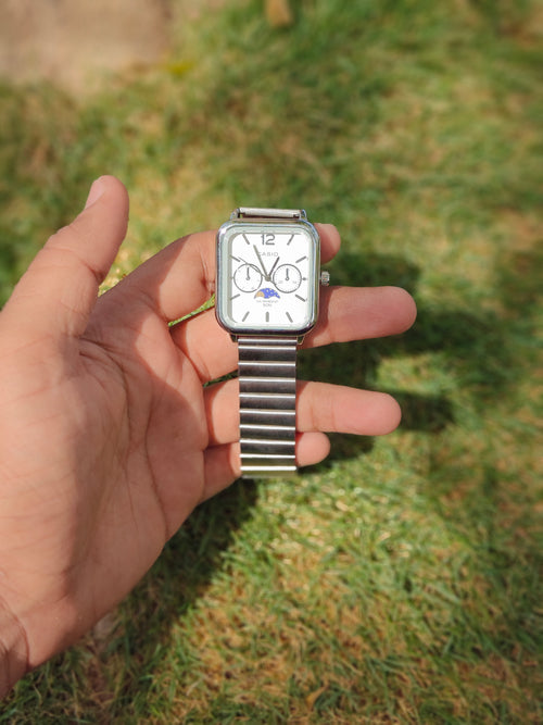 Casio Style Retro Square Moonphase – Full Silver Vintage Edition (Quartz)