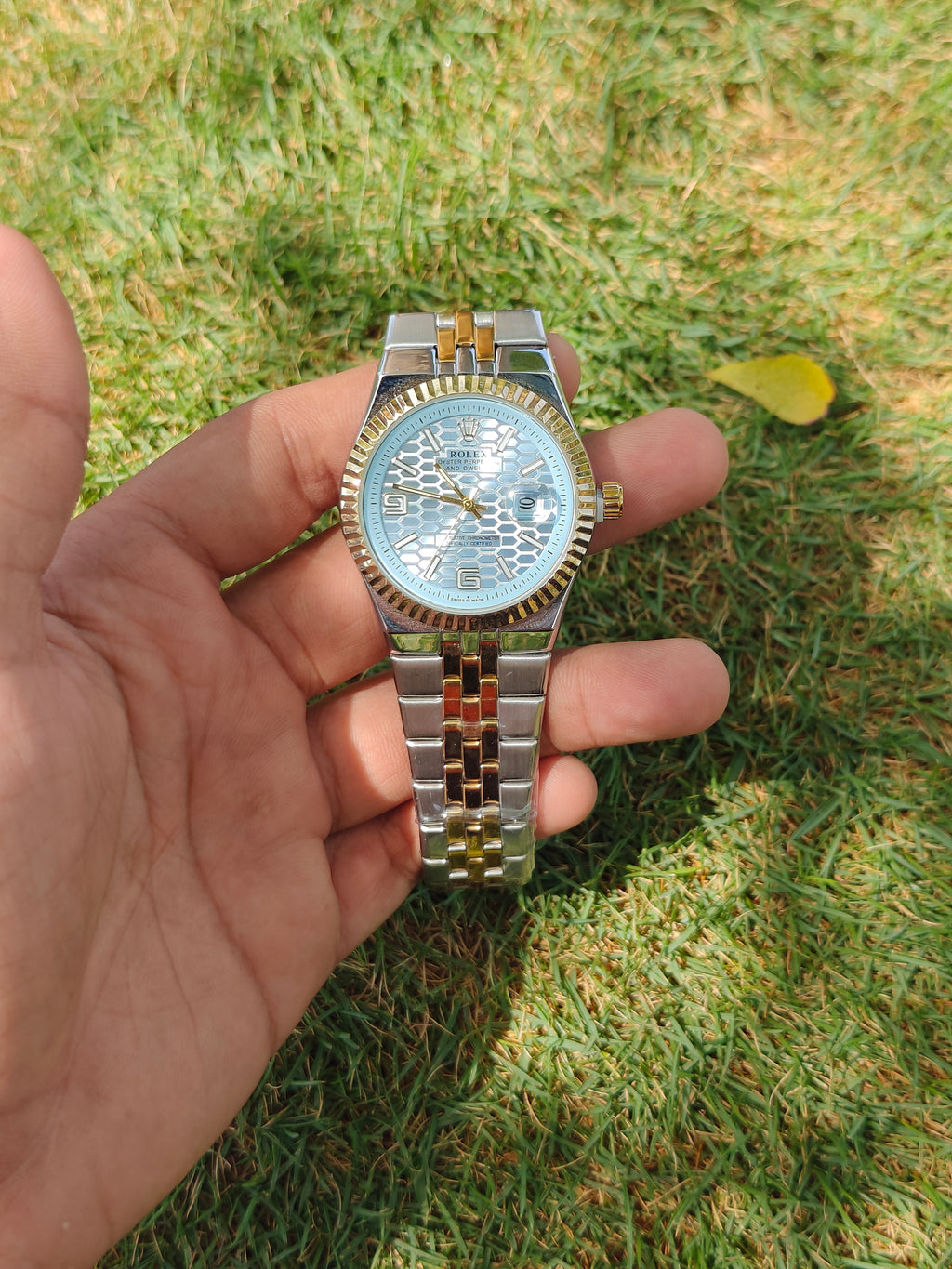 Rolex Datejust Style "Land Dweller" – Two-Tone Gold with Ice Blue Honeycomb Dial (Quartz)