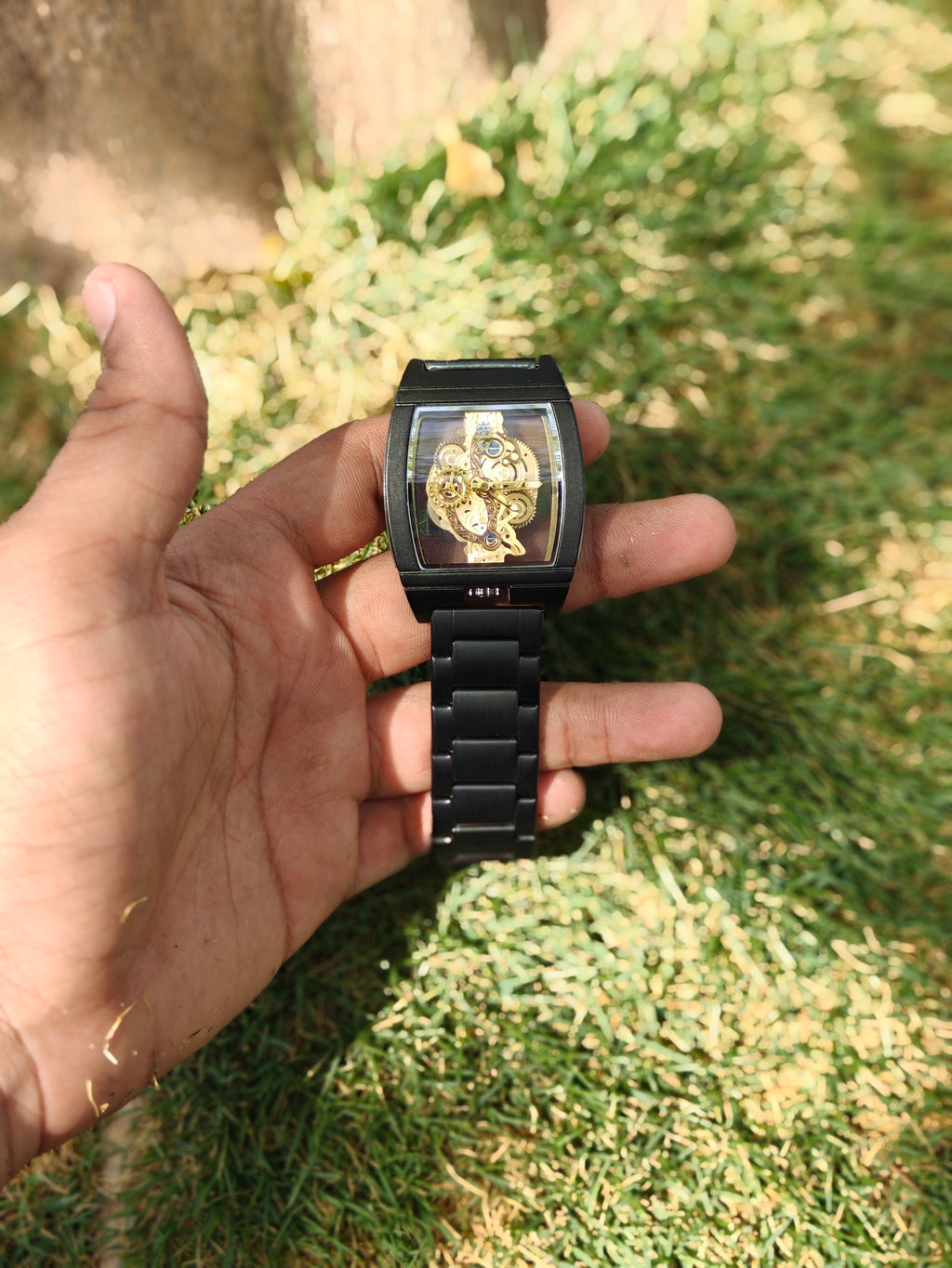 Richard Mille Style Avant-Garde Skeleton – Matte Black with Gold Mechanical Aesthetic (Quartz)