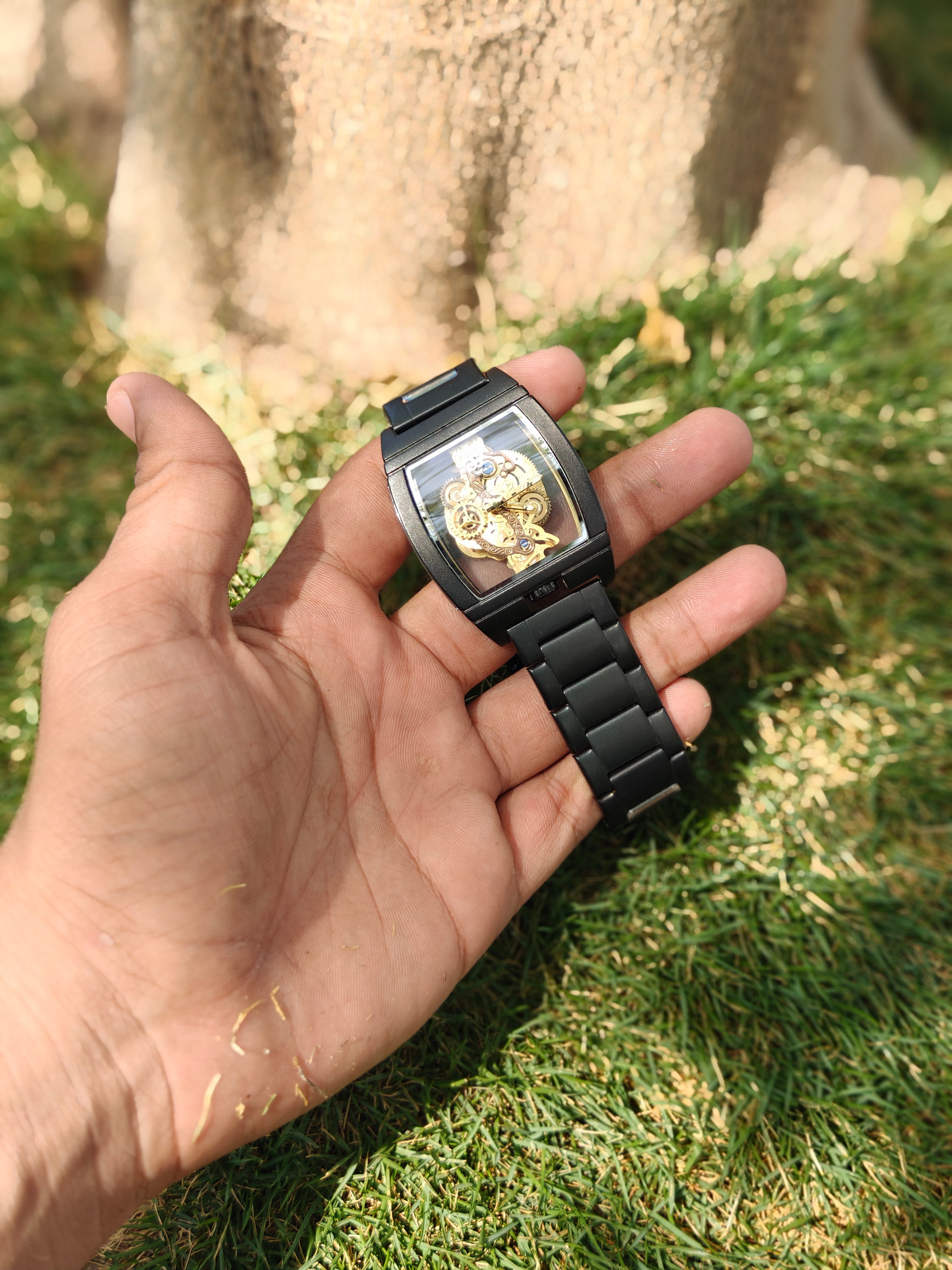 Richard Mille Style Avant-Garde Skeleton – Matte Black with Gold Mechanical Aesthetic (Quartz)