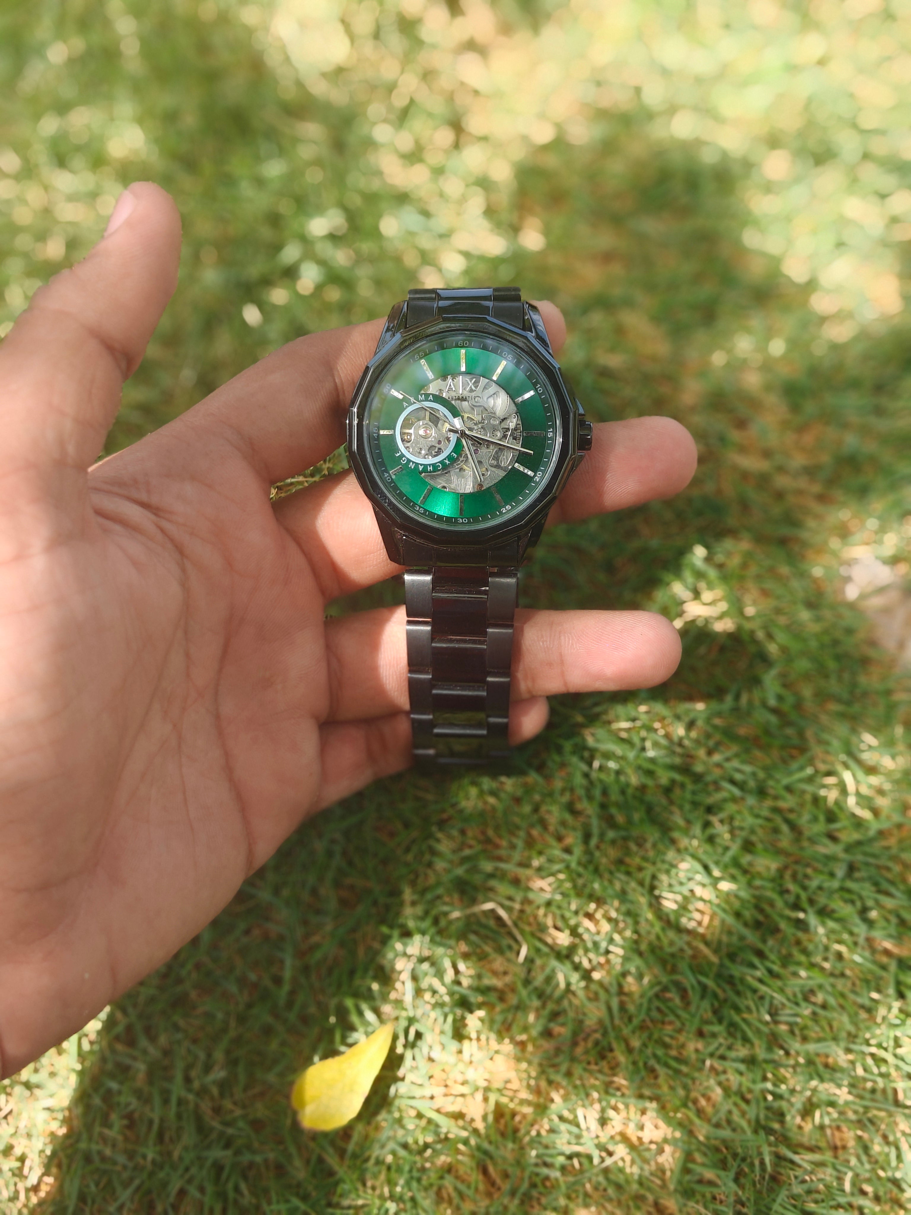 Armani Exchange Style Open-Heart Skeleton – Stealth Black with Emerald Green Dial Automatic
