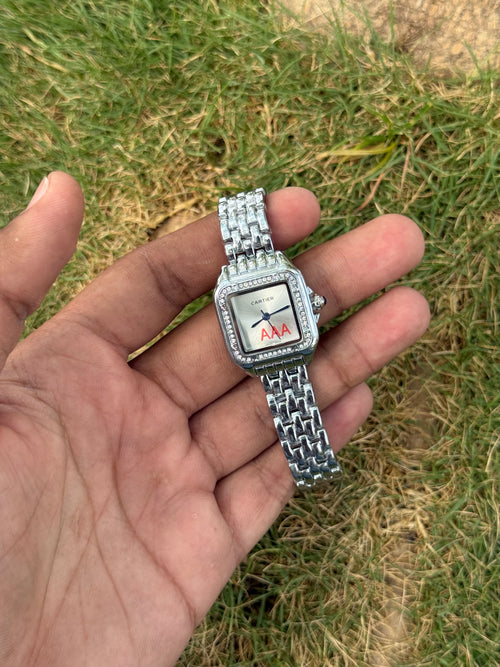 Cartier Style Panthère Luxury – Diamond Bezel Silver & Classic White Dial Women's Watch (Quartz)