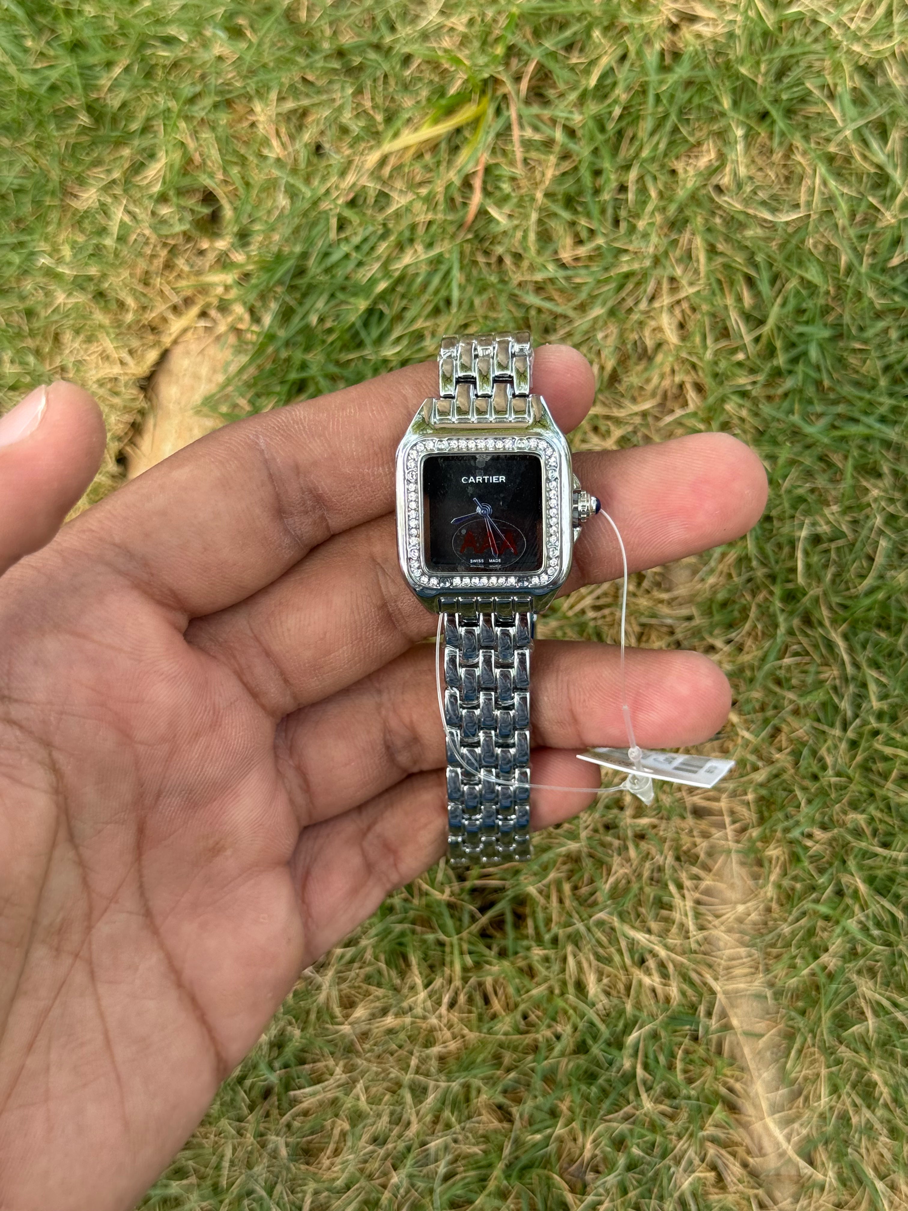 Cartier Style Panthère Luxury – Diamond Bezel Silver & Onyx Black Dial Women's Watch (Quartz)