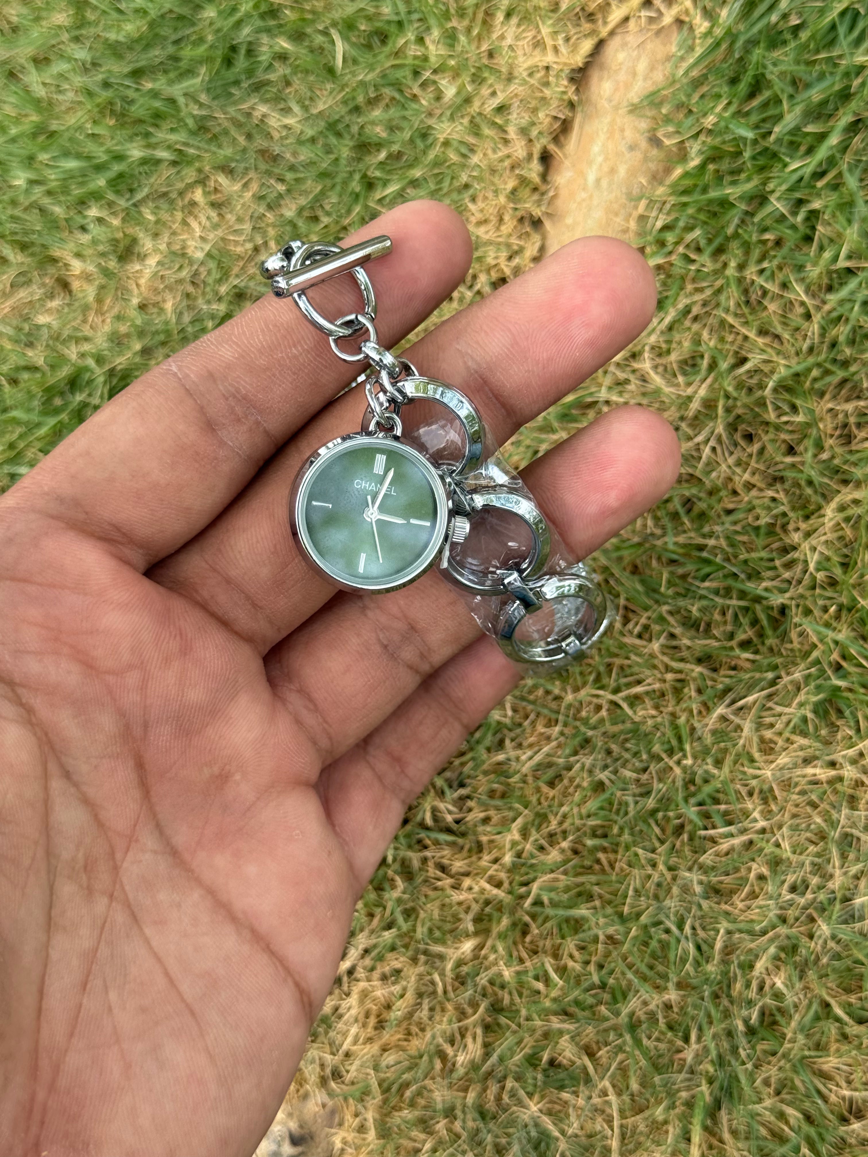 Chanel Style Luxury Women's Charm Bracelet Watch – Sage Green Dial Silver Edition (Quartz)