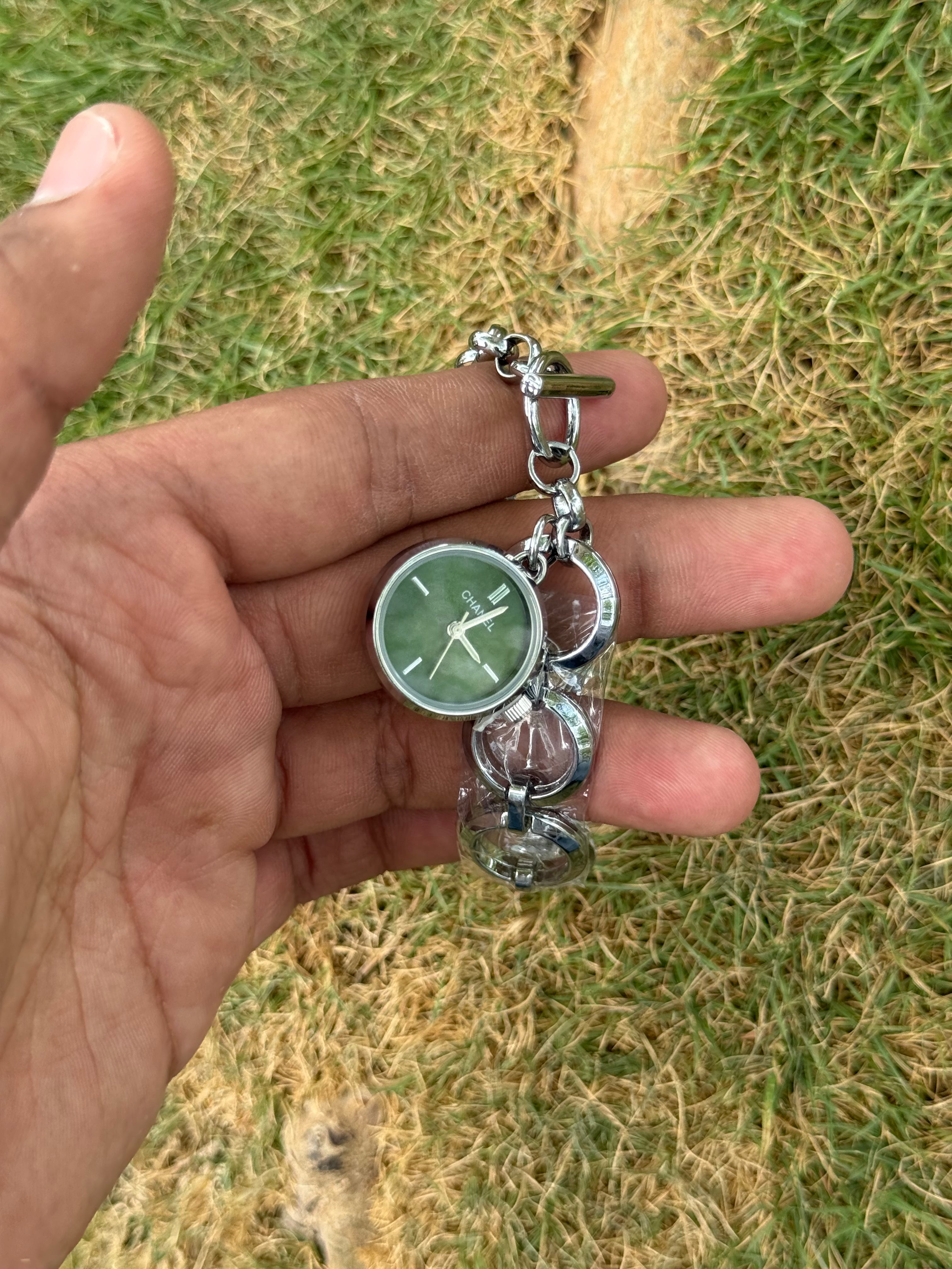 Chanel Style Luxury Women's Charm Bracelet Watch – Sage Green Dial Silver Edition (Quartz)